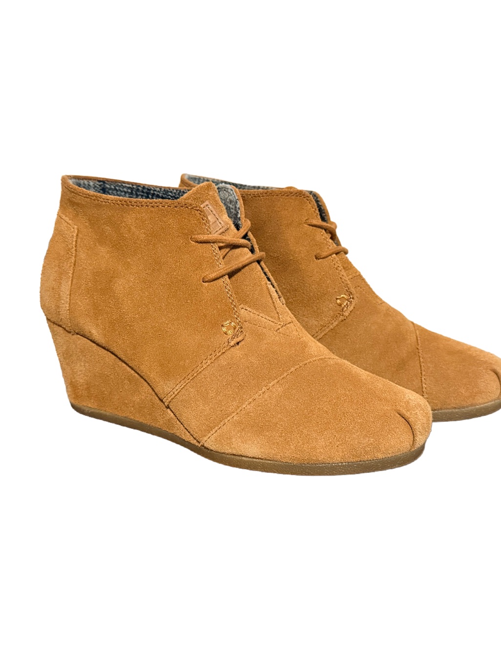 Toms Suede Wedge Booties With Laces Caramel Tan Womens Size 8.5